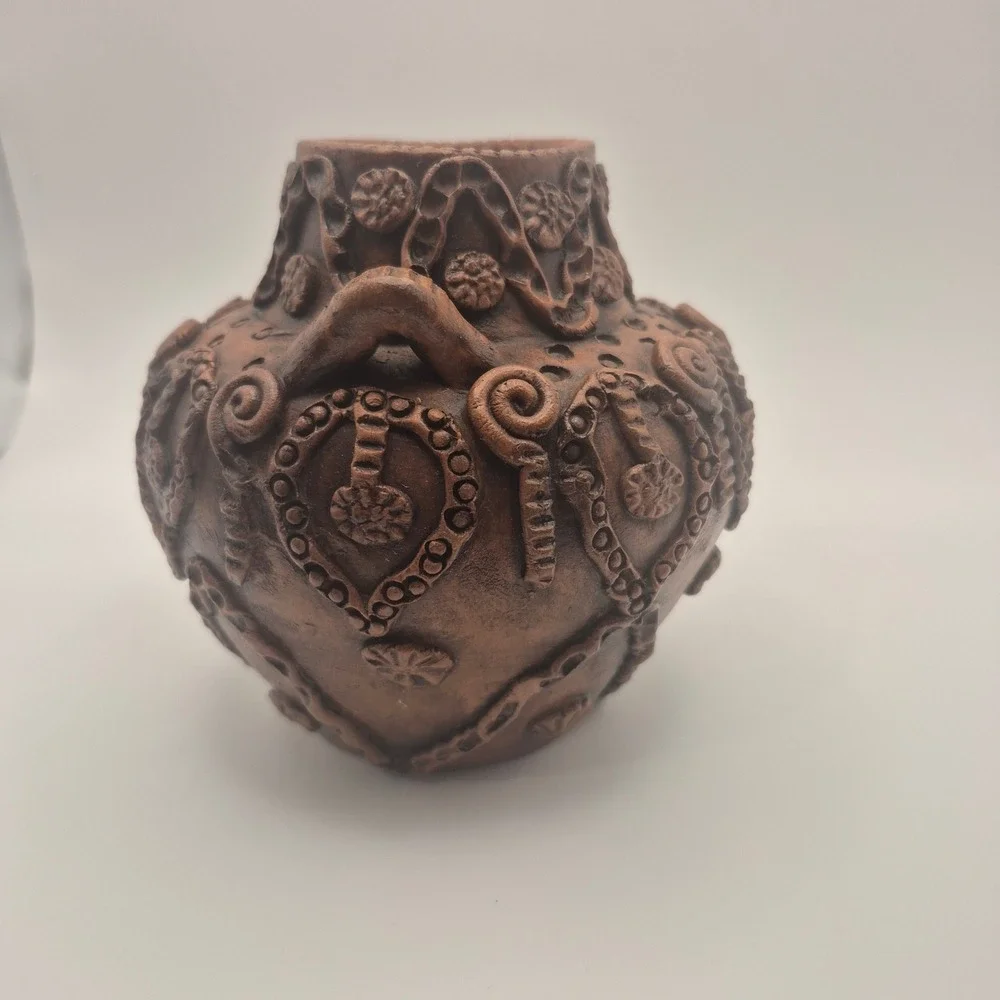 Handmade in Greece Terracotta Pottery Vase Ornate Brown Rustic Decor 4.5in